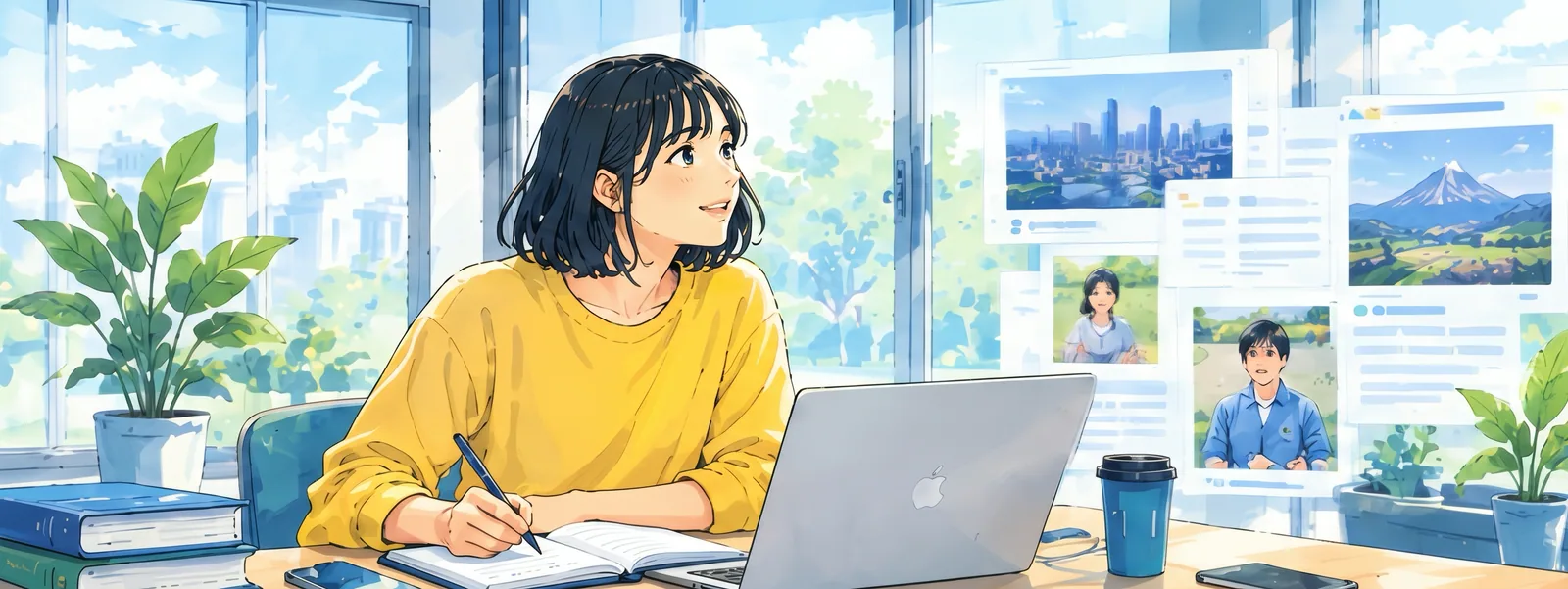 窓辺の明るい席でノートに書きながら、記事の内容を考える学生。奥には記事の画面が並んでいる