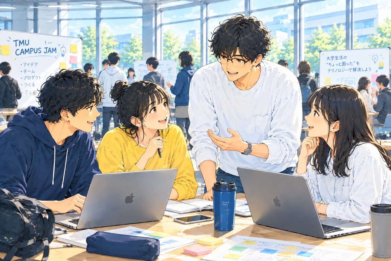 明るいガラス張りの教室で、ノートPCを囲んで話し合う4人の学生。背後の白板に TMU CAMPUS JAM と書かれている