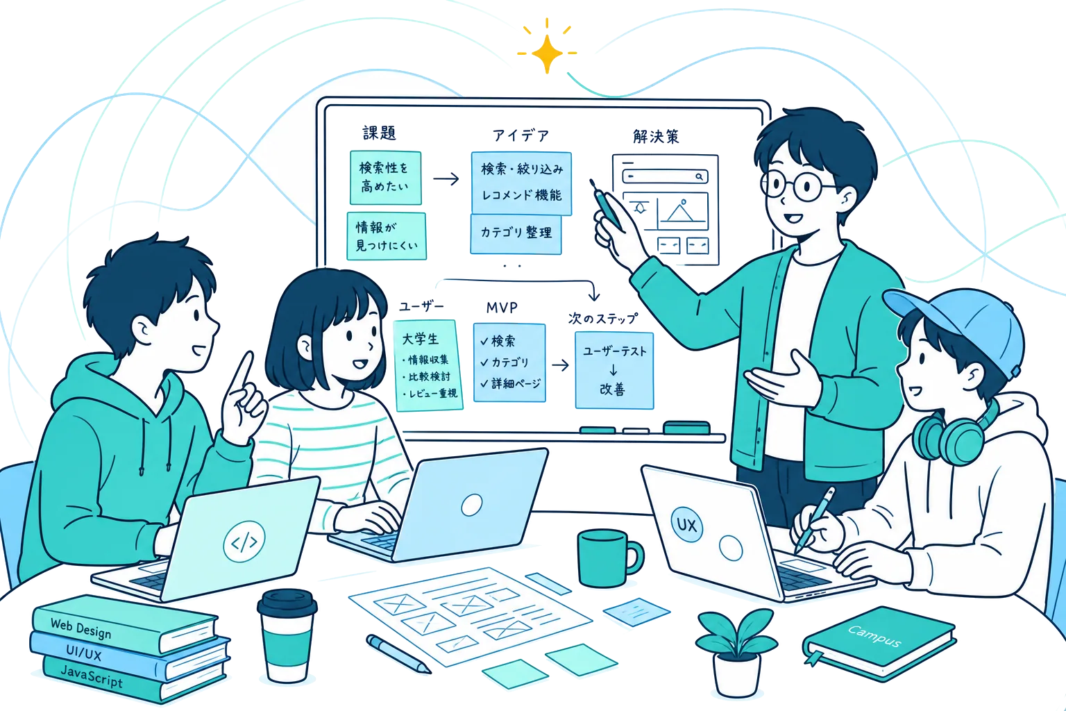 ホワイトボードを囲み、ノートPCでプロダクトをつくっている学生たち