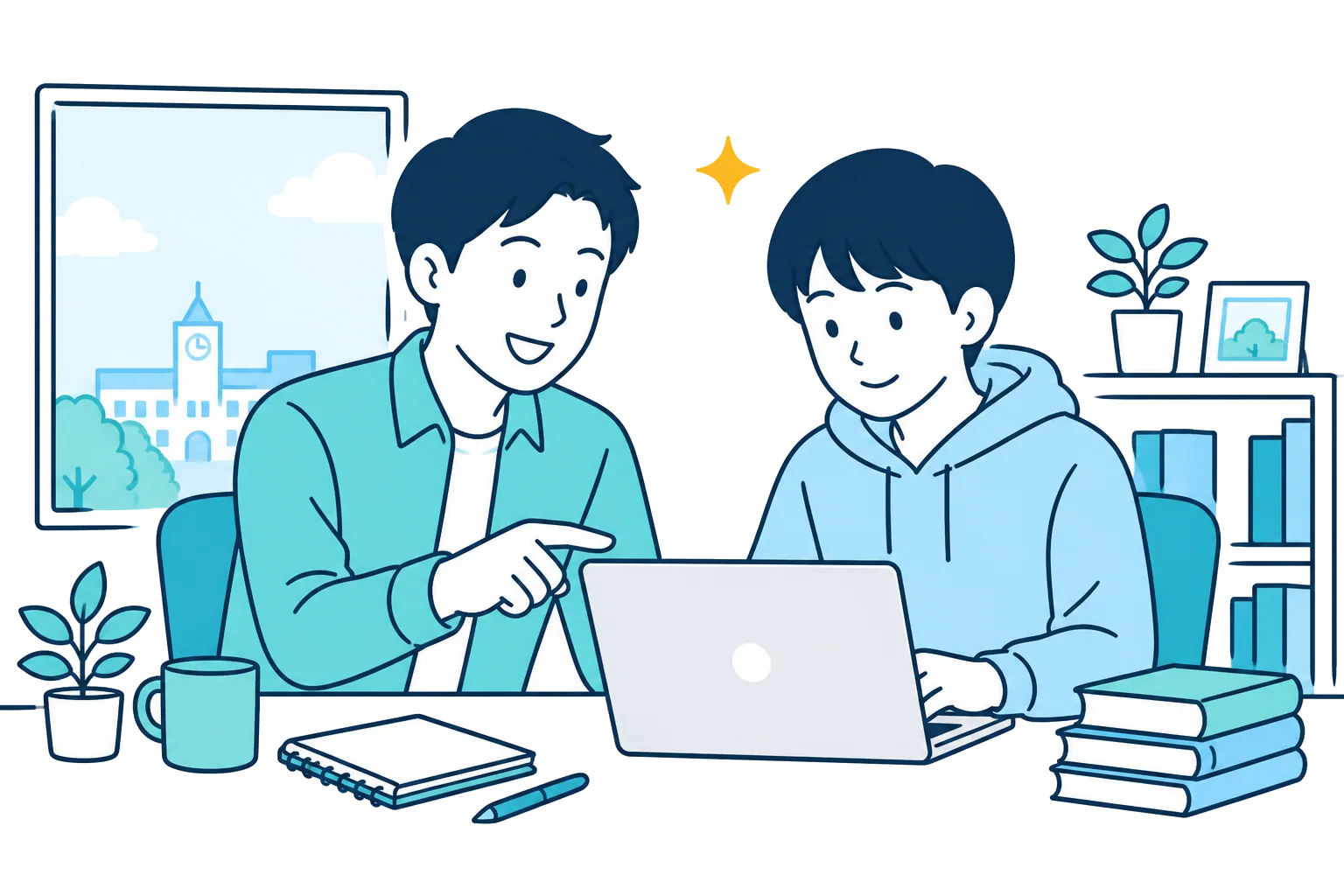メンターが学生の隣に座り、ノートPCの画面を指しながらアドバイスしている様子
